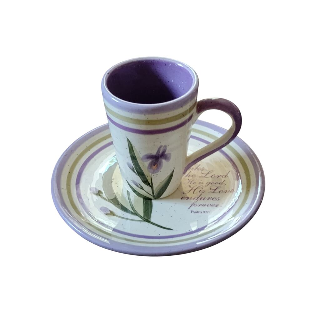 Elegant Purple Orchid Mug & Plate Set with Psalms 107:1 Floral Tea Set